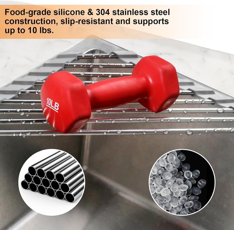 Seropy Corner Sink Caddy Triangle Dish Drying Rack for Sink Corner, Sponge Holder Roll Up Dish Drying Rack Over The Sink, Stainless Steel Kitchen Sink Organizer Drainer Mat Sponge Caddy for Counter Storage - Image 4